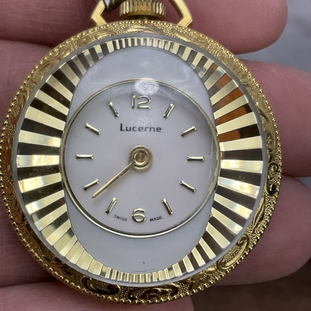 Vintage Lucerne Watch Gold Tone Swiss Made Pendant Mechanical Wind‎ Up Works!